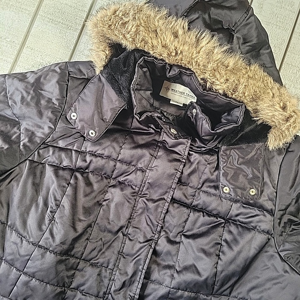 VTG Weather Tamer Puffer Jacket Women's 2X Zip Black Hooded Down Faux Fur - 2XL